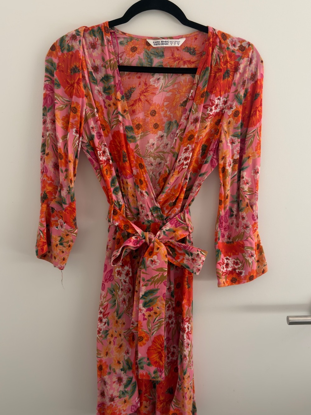 Zara Pink Orange Floral Wrap Midi Dress Robe Style Size S